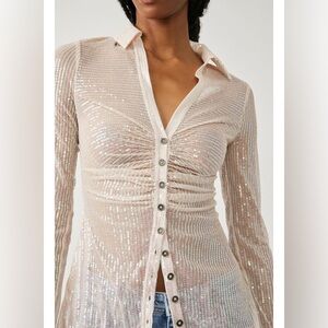 Free people NWT medium white sparkle Sequin Button-Up Cream Top